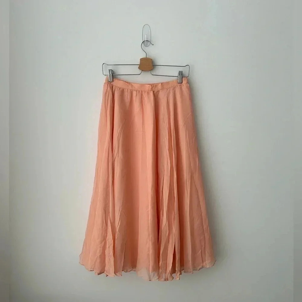 Vintage Silk Chiffon Midi Skirt Peach Flowy Romantic Cottagecore Balletcore - Picture 2 of 12